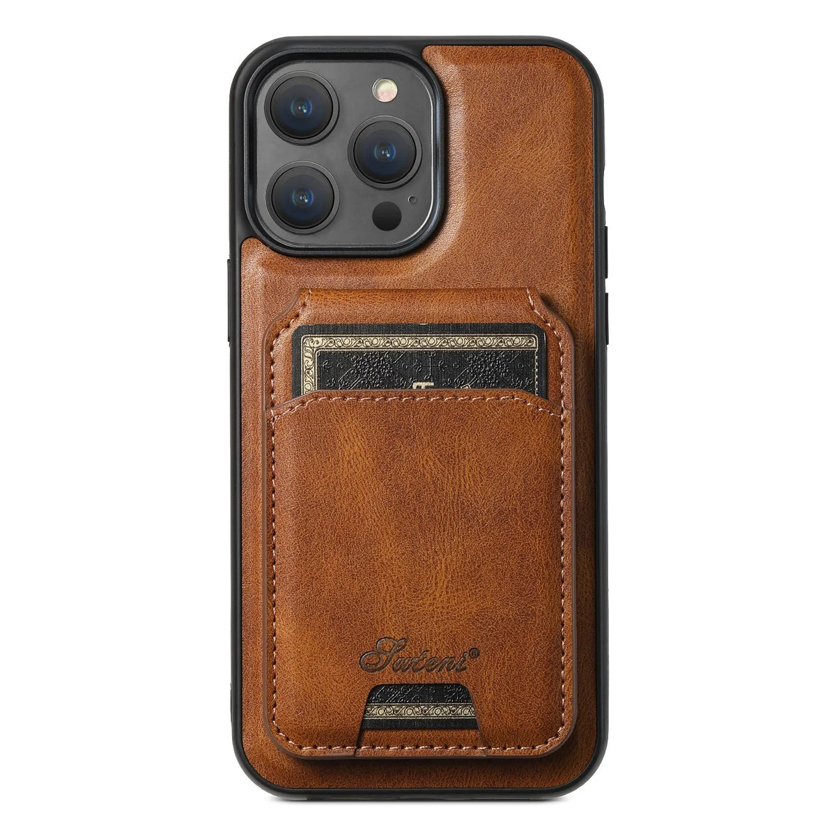 Oil wax silicone MagSafe phone case with integrated card slot for Apple iPhone.