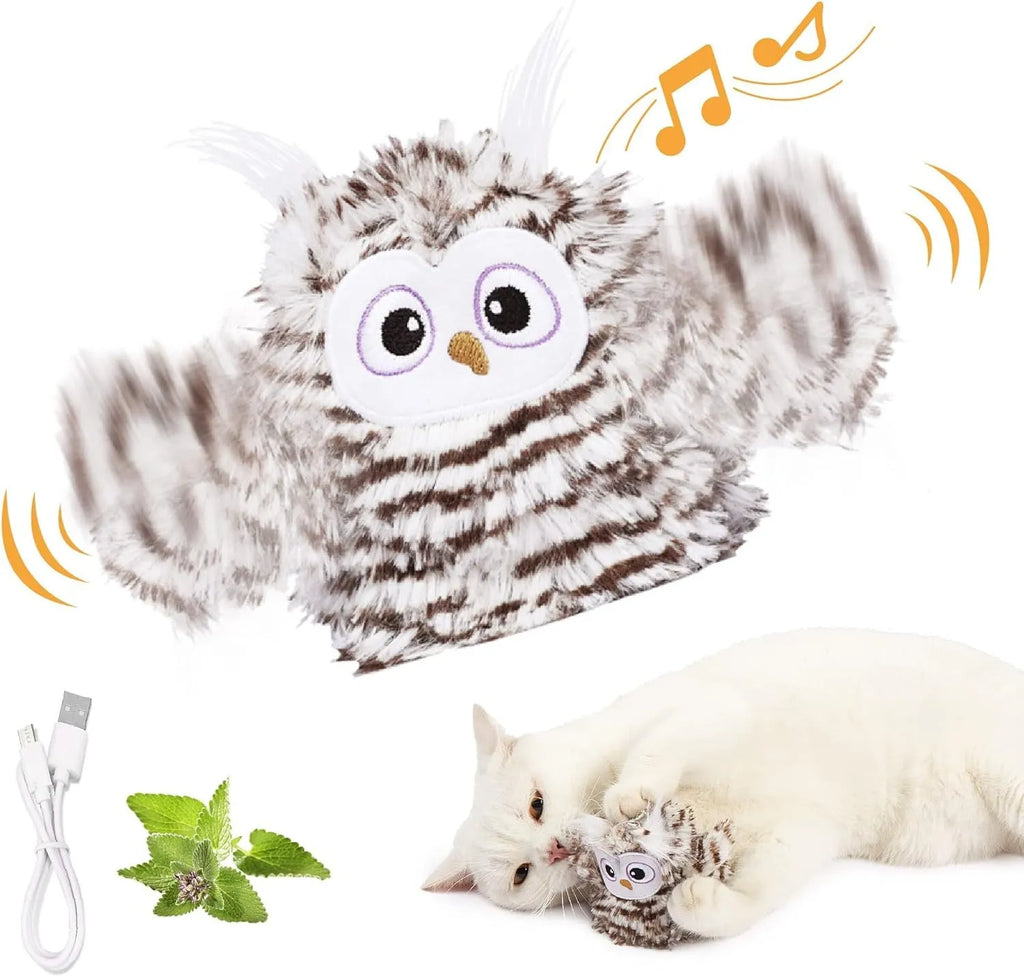 Grey interactive owl cat toy with automatic chirping and flapping wings, includes catnip, USB rechargeable