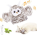 Grey interactive owl cat toy with automatic chirping and flapping wings, includes catnip, USB rechargeable
