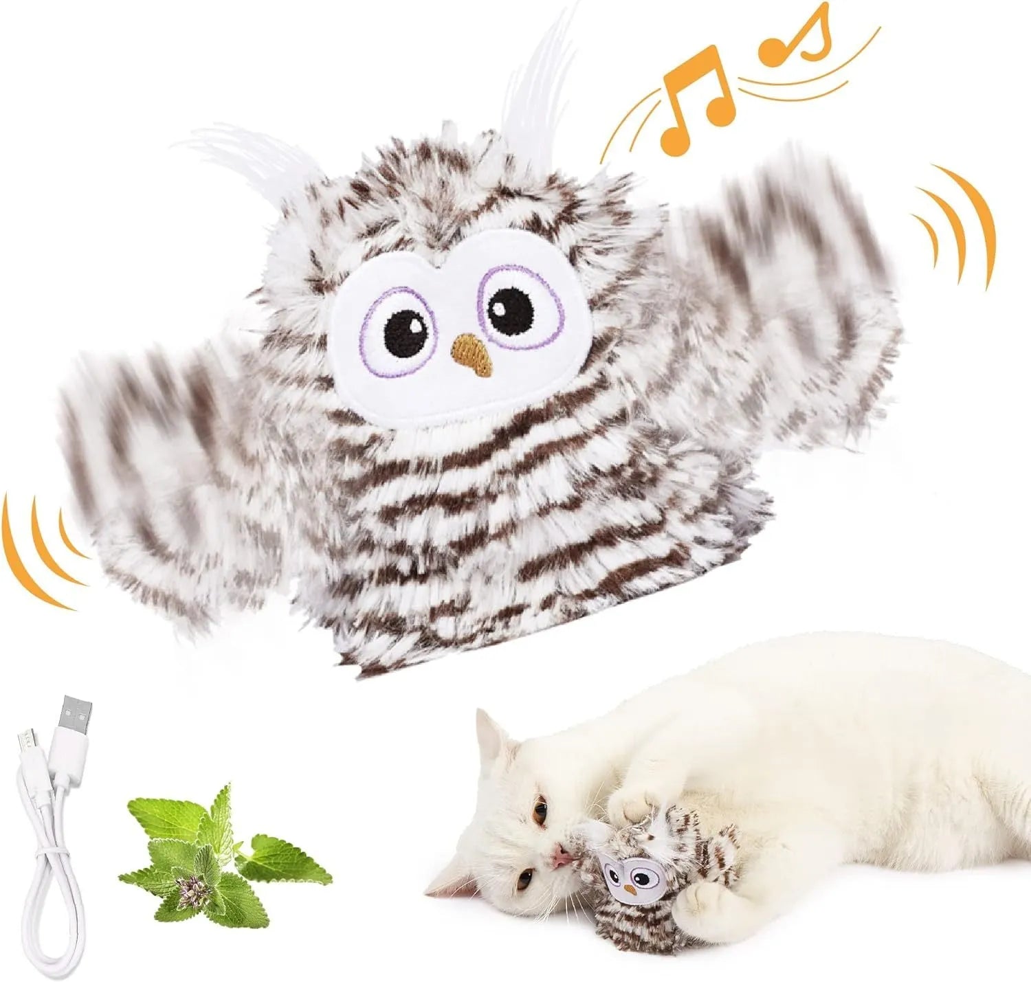 Grey interactive owl cat toy with automatic chirping and flapping wings, includes catnip, USB rechargeable