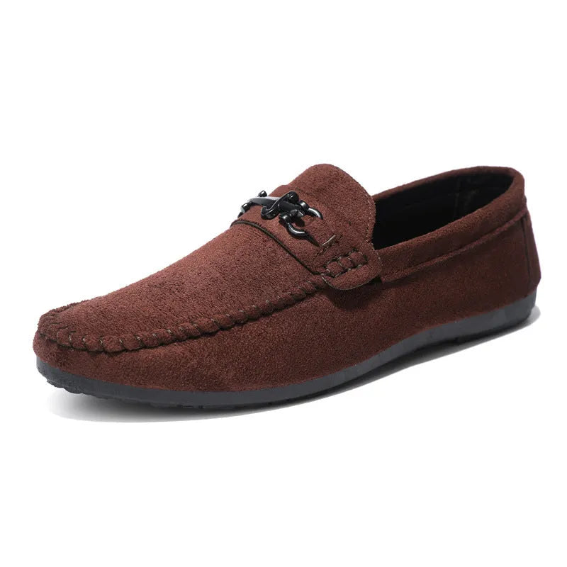 Men's black and brown waterproof PU leather slip-on loafers with round toe and rubber sole