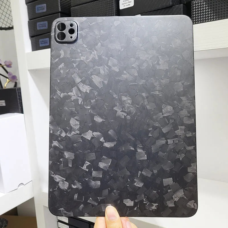 Carbon fibre flat protective cover for iPad Pro 11 showing embossed plaid pattern and precise port cutouts