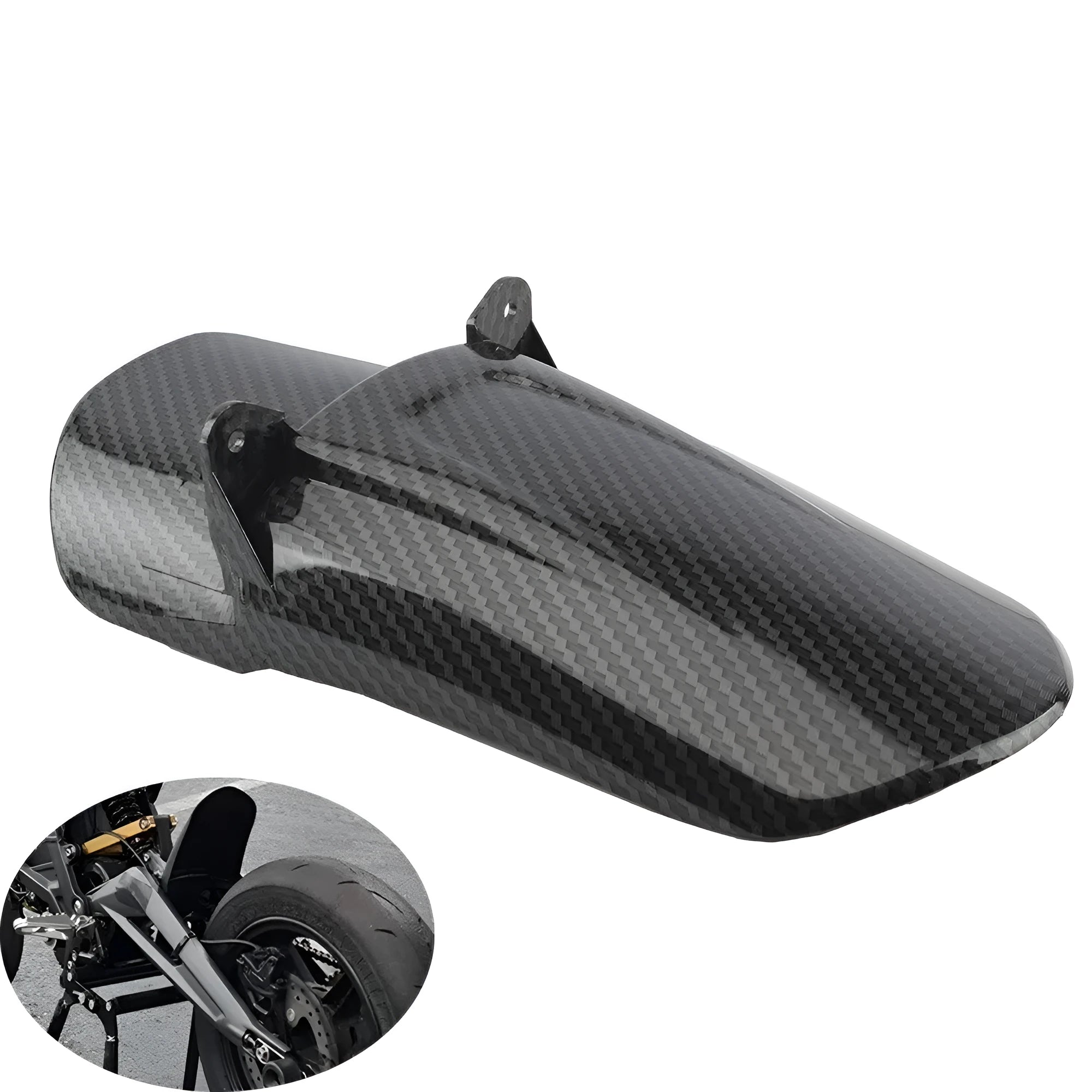 Carbon fibre rear shock absorber fender for a Light Bee scrambler motorcycle.