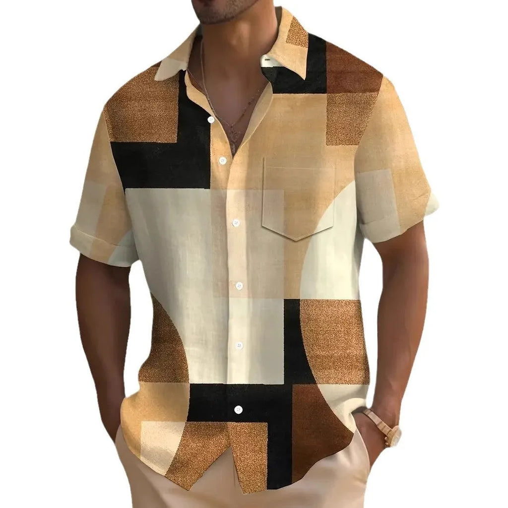 Men's short sleeve cardigan with a retro geometric square pattern in contrasting colours, shown in a loose fit.