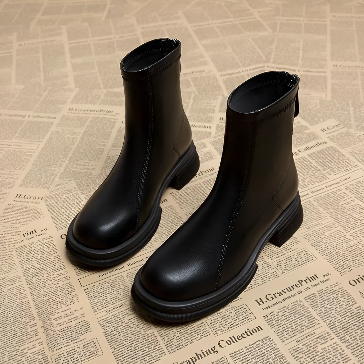Women's black ankle boots with a thick flat heel, round toe, and rear zip fastener on a wooden floor.
