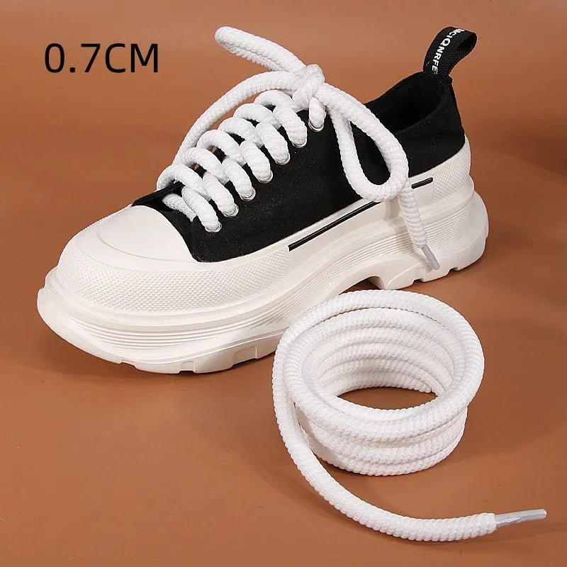 Round woven shoelaces in black, white and beige colours showing 10mm diameter and length variations