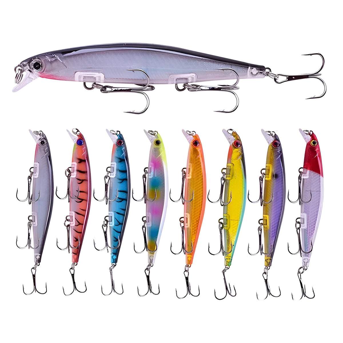 An 11cm long, 13.5g heavy slow-sink hard bait fishing lure in a minnow shape, shown in one of eight available colour options.