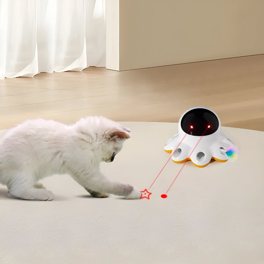 Electric cat teaser toy with automatic feather wand and LED lights in yellow colour