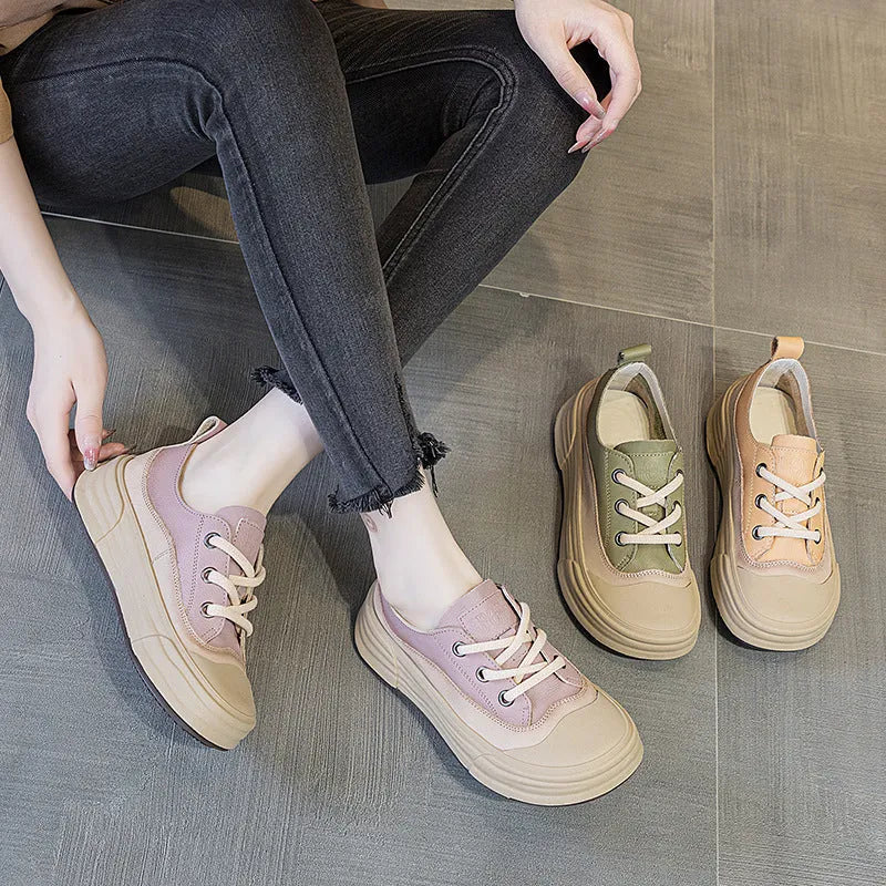 Women's matcha green leather platform sneakers with round toe and lace-up front on a white background.
