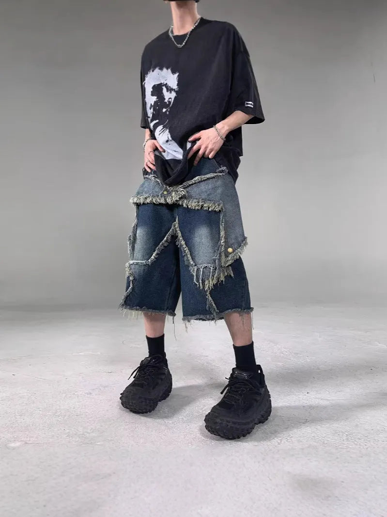 Blue denim shorts with frayed five-pointed star design, loose fit with micro-elastic fabric for summer wear