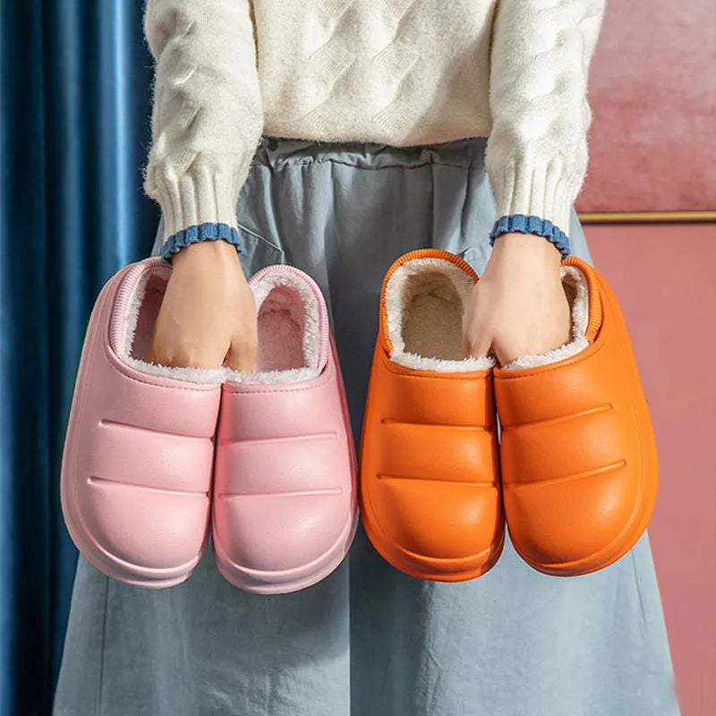 EVA couple cotton slippers in green with non-slip soles and plush lining, heel height 1.5-3.5cm