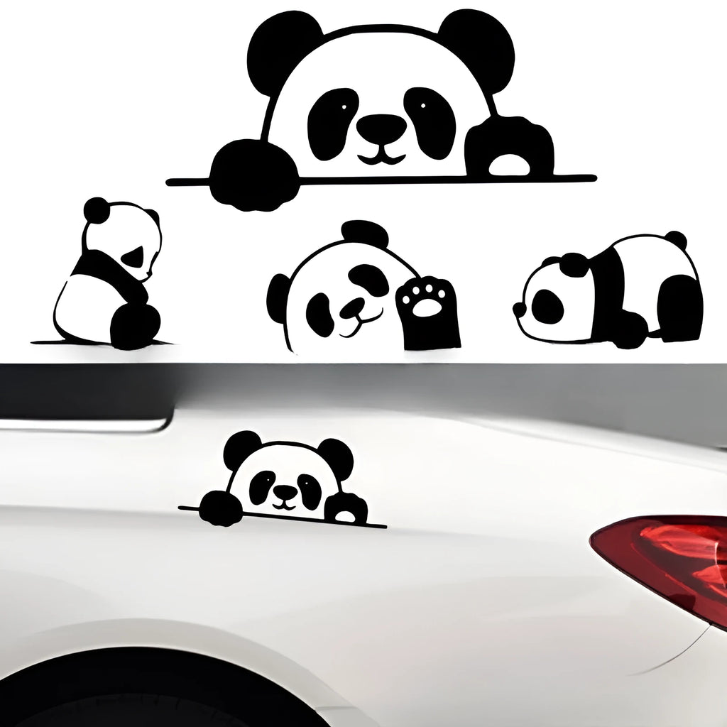 Peeking Panda design vinyl car sticker shown on a vehicle window, available in Black, White and Laser colours.