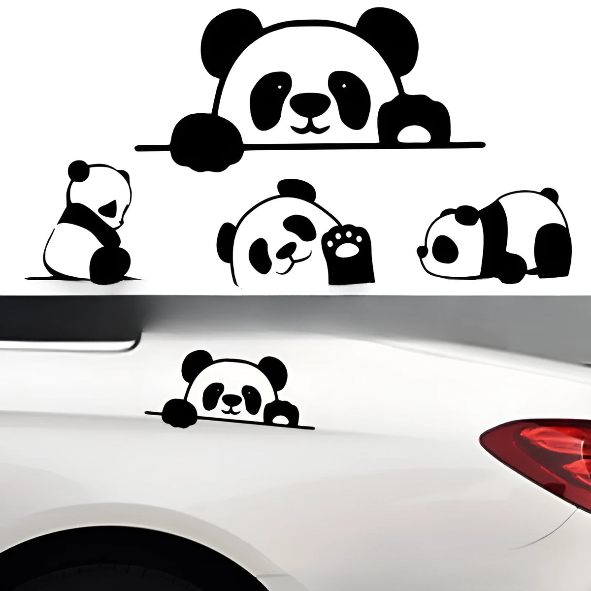 Peeking Panda design vinyl car sticker shown on a vehicle window, available in Black, White and Laser colours.