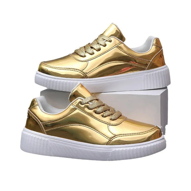 Rose gold and gold sequin platform sneakers with thick MD sole and stitching detail.