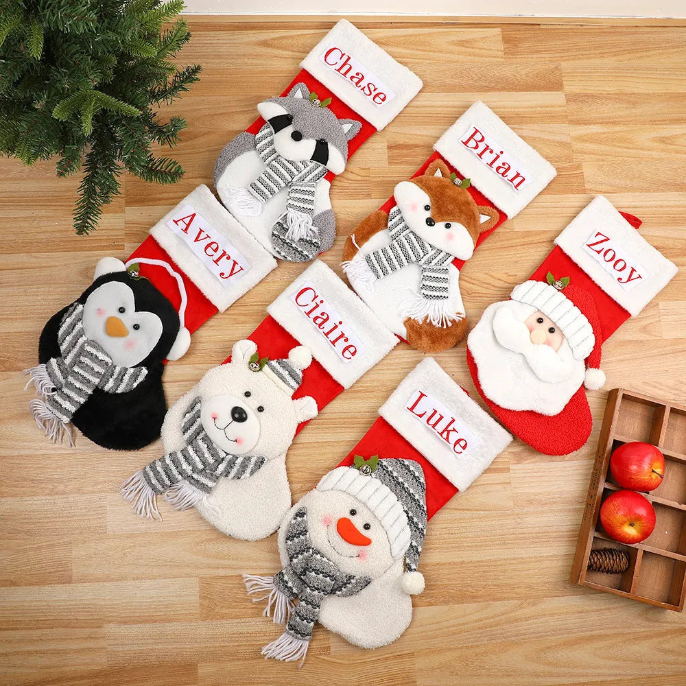 Cartoon Santa Claus cloth gift bag, 43cm x 27cm, in Fox, Penguin or Raccoon design with pendant.