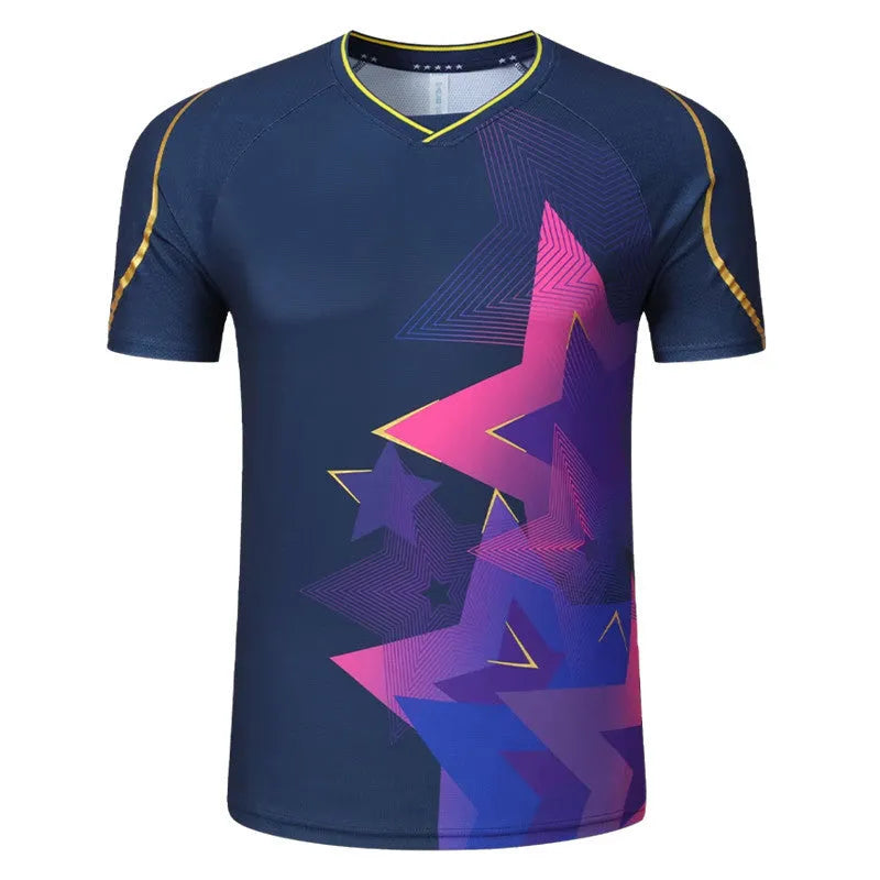 Badminton outfit set showing short-sleeved top and trousers in sapphire blue colour