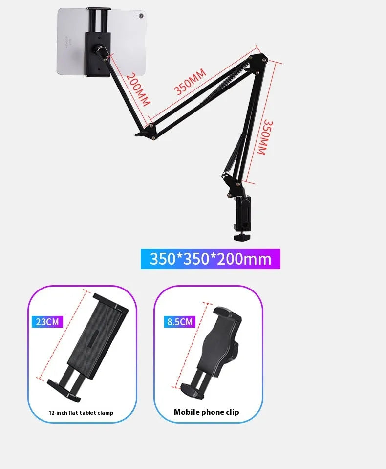 Black foldable metal desktop lazy bracket with tablet clip, showing 360-degree rotation and adjustable cantilever arm