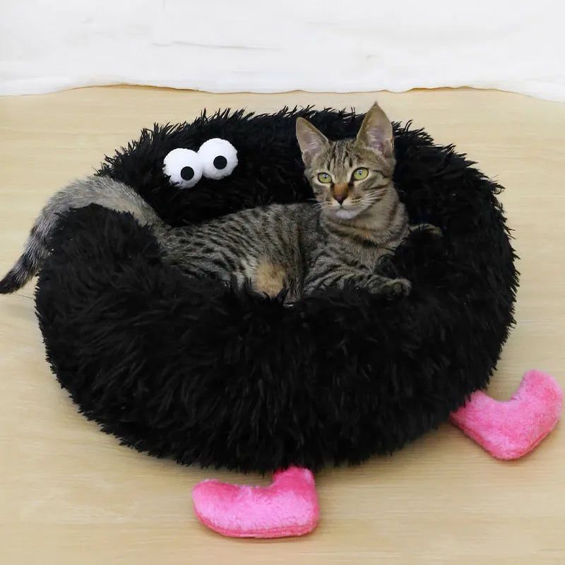 Circular plush dog bed nest for small medium dogs in black, pink, or yellow