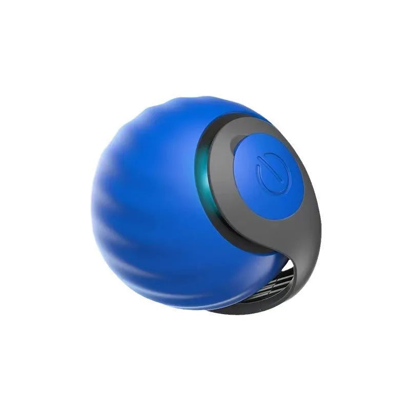 Blue and red interactive rolling ball pet toy for cats and dogs on a floor.