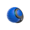 Blue and red interactive rolling ball pet toy for cats and dogs on a floor.