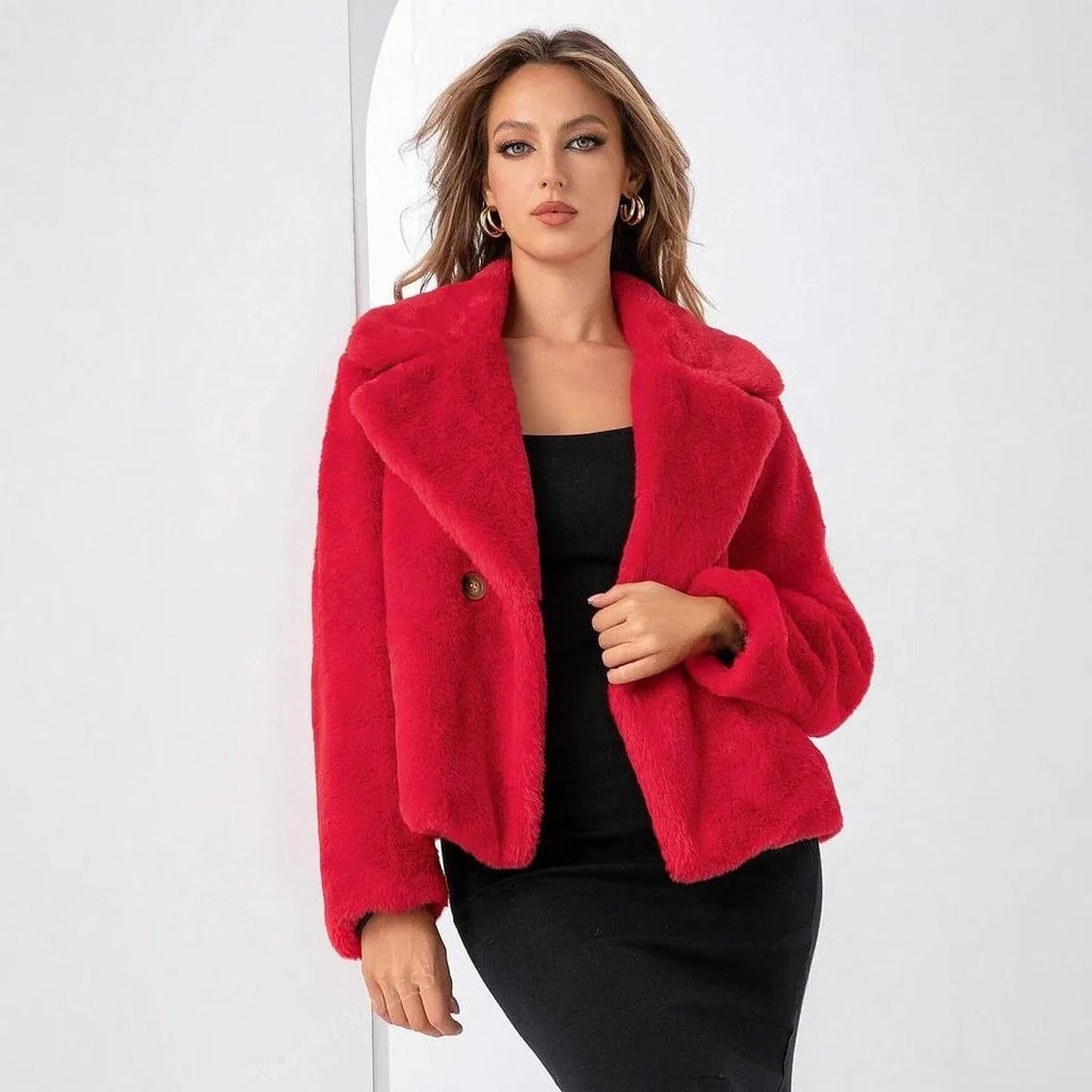 Women's loose short fox fur coat in rose red, 50cm length with regular sleeves and faux fur fabric