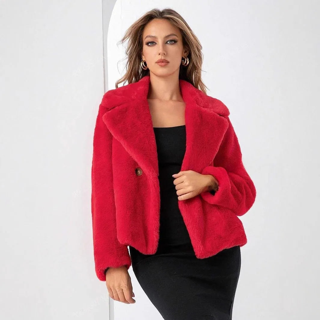 Women's loose short fox fur coat in rose red, 50cm length with regular sleeves and faux fur fabric