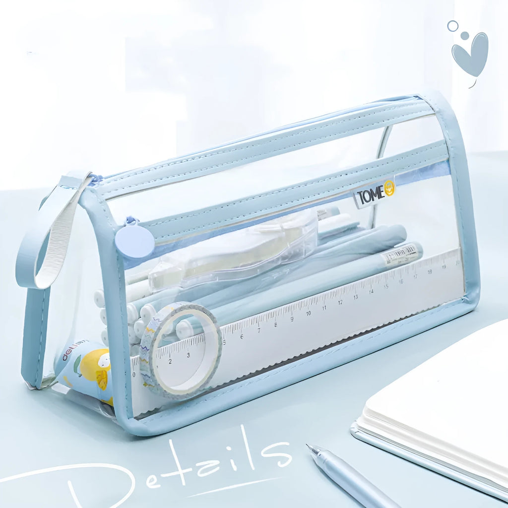 Transparent double-layer pencil case showing two compartments with dimensions 220x110x80mm