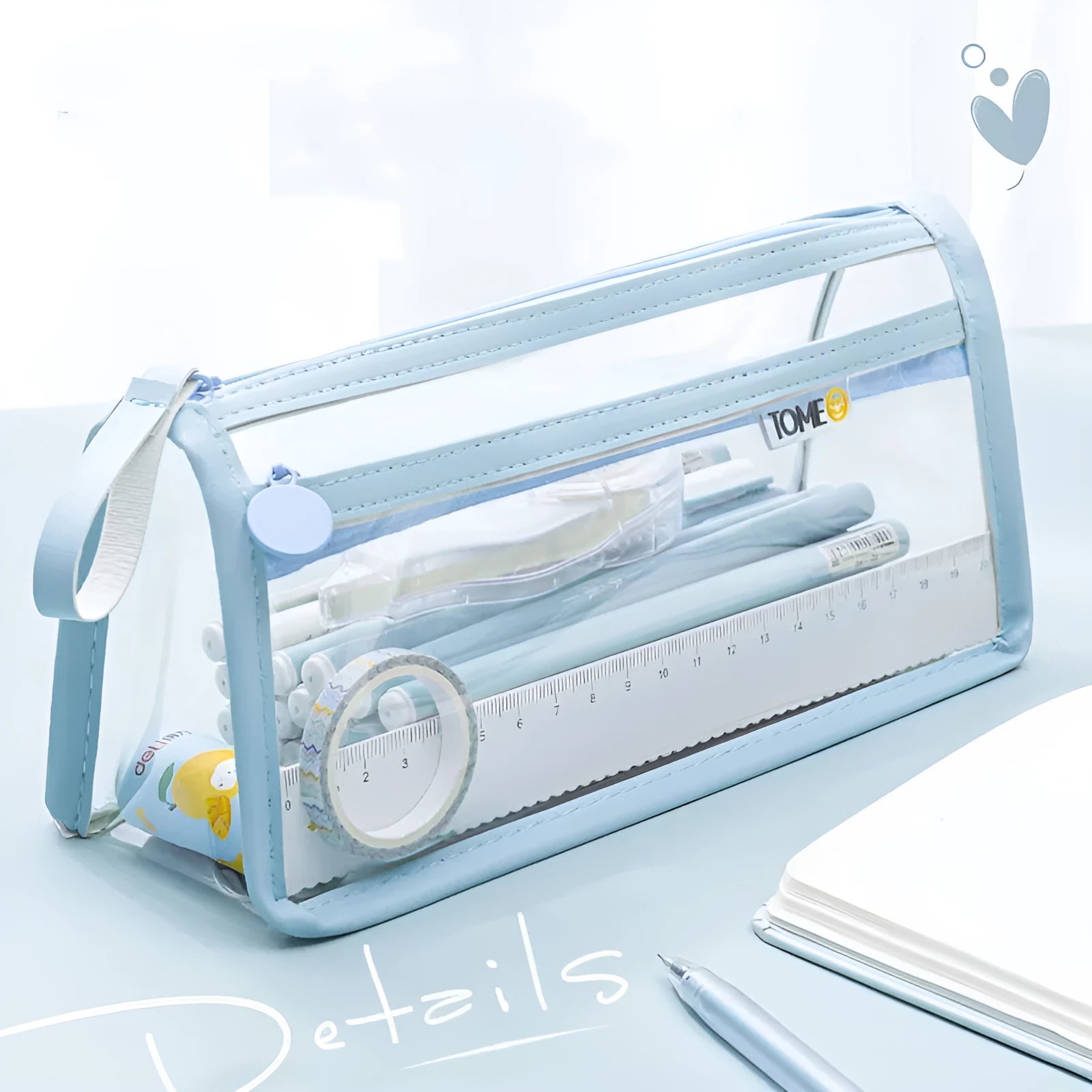 Transparent double-layer pencil case showing two compartments with dimensions 220x110x80mm